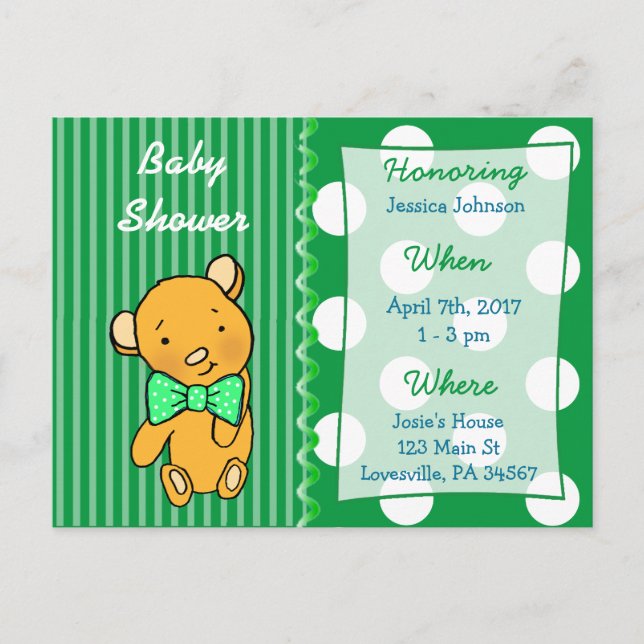 Cute Teddy Bear Green Baby Shower Invitation (Front)