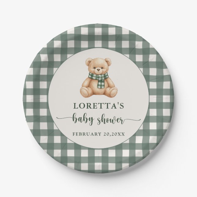 Cute Teddy Bear Green Plaid Baby Shower Paper Plate (Front)