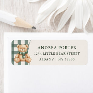 Cute Teddy Bear Green Plaid Baby Shower Return Address Label