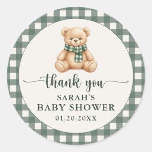 Cute Teddy Bear Green Plaid Baby Shower Thank You Classic Round Sticker