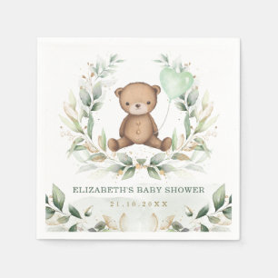 Cute Teddy Bear Greenery Gold Balloon Baby Shower Napkin