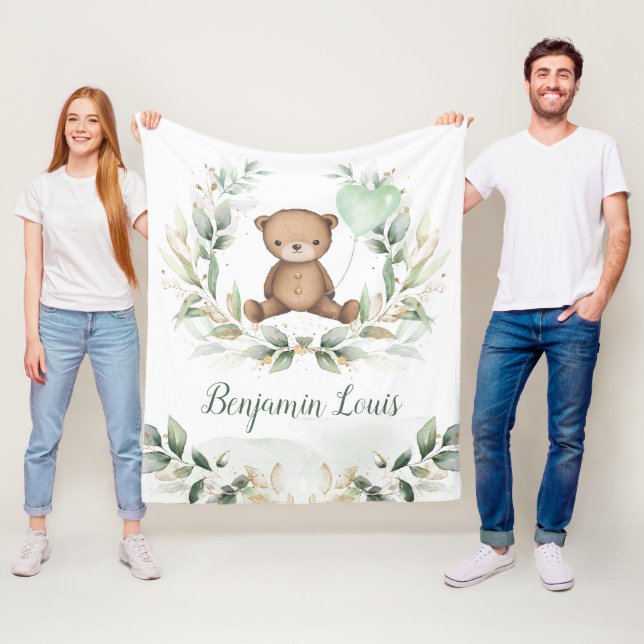 Cute Teddy Bear Greenery Gold Balloon Nursery Baby Fleece Blanket (In Situ)