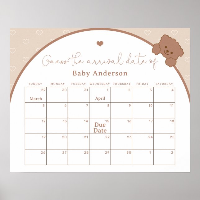 Cute Teddy Bear Guess the due Date Calendar  Poster (Front)