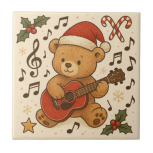 Cute Teddy Bear Guitar Christmas Ceramic Tile