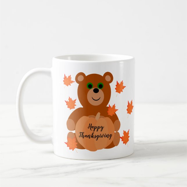 Cute Teddy Bear Happy Thanksgiving Pumpkin Leaves  Coffee Mug (Left)