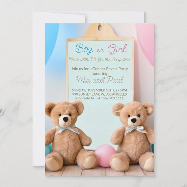 Cute Teddy Bear He or She Gender Reveal Invitation (Front)