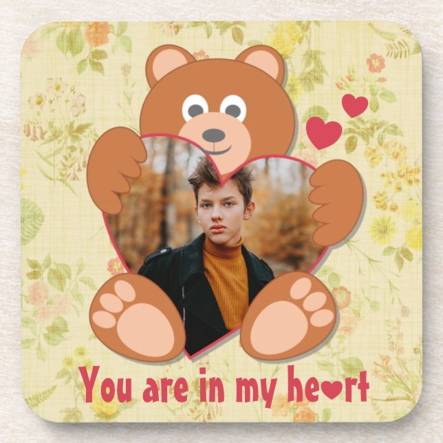 Cute Teddy Bear Heart Photo Valentine Love Coaster (Front)