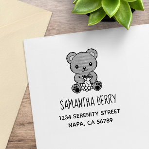 Cute Teddy Bear Holding a Berry Address Rubber Stamp