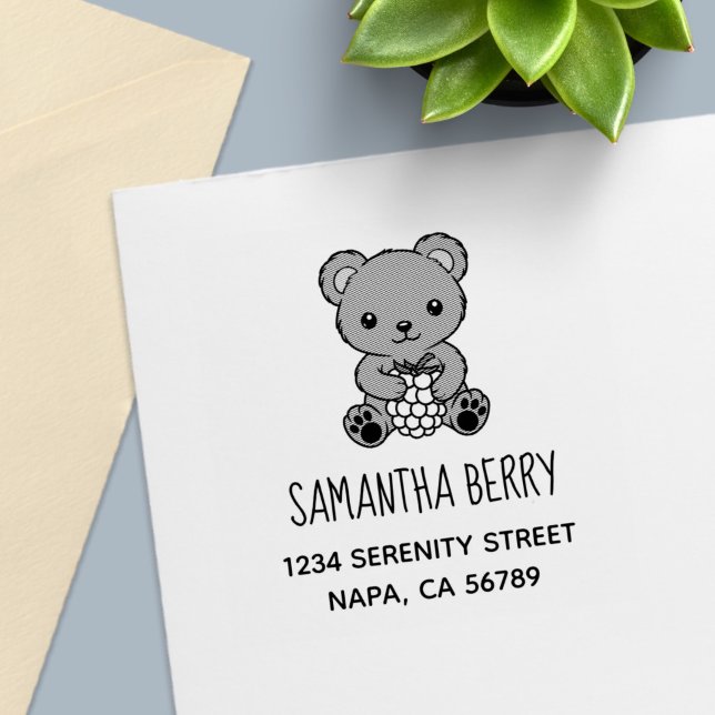 Cute Teddy Bear Holding a Berry Address Self-inking Stamp (Creator Uploaded)