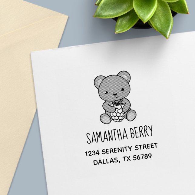 Cute Teddy Bear Holding a Berry Address Self-inking Stamp (Creator Uploaded)