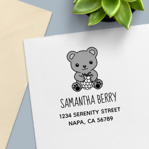 Cute Teddy Bear Holding a Berry Address Self-inking Stamp