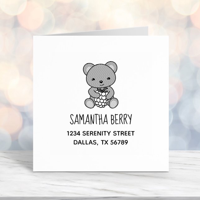 Cute Teddy Bear Holding a Berry Address Self-inking Stamp (Creator Uploaded)