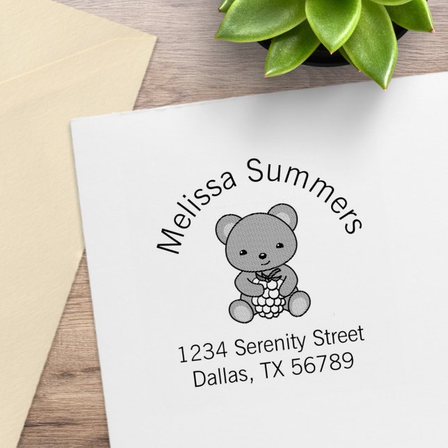 Cute Teddy Bear Holding a Berry Arch Address Rubber Stamp (Creator Uploaded)