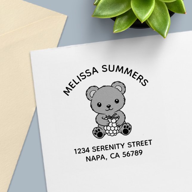 Cute Teddy Bear Holding a Berry Arch Address Self-inking Stamp (Creator Uploaded)