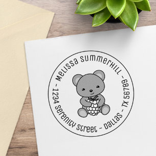 Cute Teddy Bear Holding a Berry Round Address Rubber Stamp