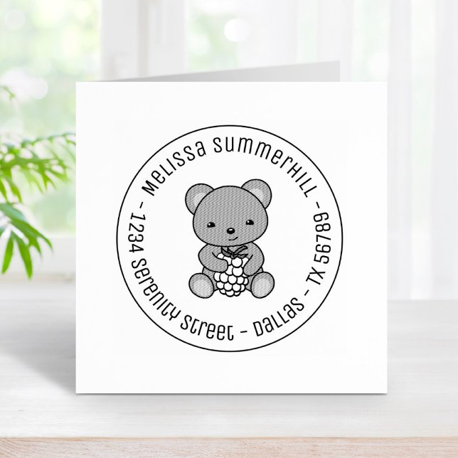 Cute Teddy Bear Holding a Berry Round Address Rubber Stamp (Creator Uploaded)