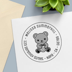 Cute Teddy Bear Holding a Berry Round Address Self-inking Stamp