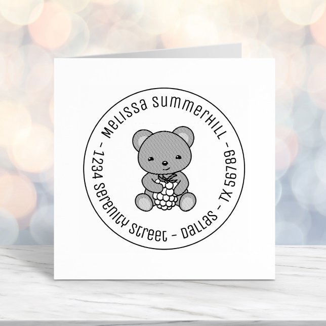 Cute Teddy Bear Holding a Berry Round Address Self-inking Stamp (Creator Uploaded)