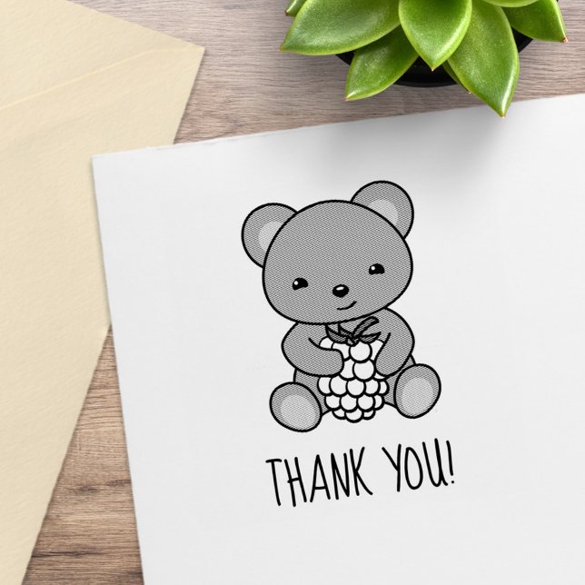 Cute Teddy Bear Holding a Berry Thank You Rubber Stamp (Creator Uploaded)