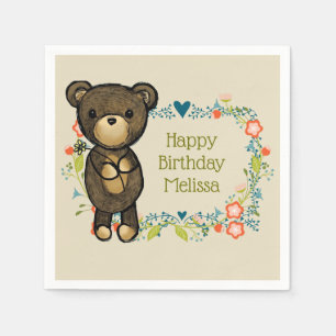 Cute Teddy Bear Holding a Flower Birthday Napkin