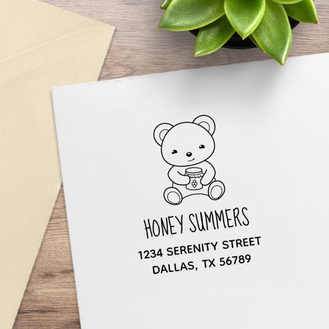 Cute Teddy Bear Holding a Honey Jar Address Rubber Stamp (Creator Uploaded)