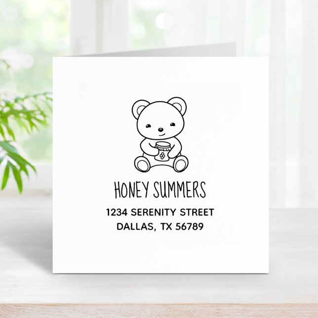 Cute Teddy Bear Holding a Honey Jar Address Rubber Stamp (Creator Uploaded)
