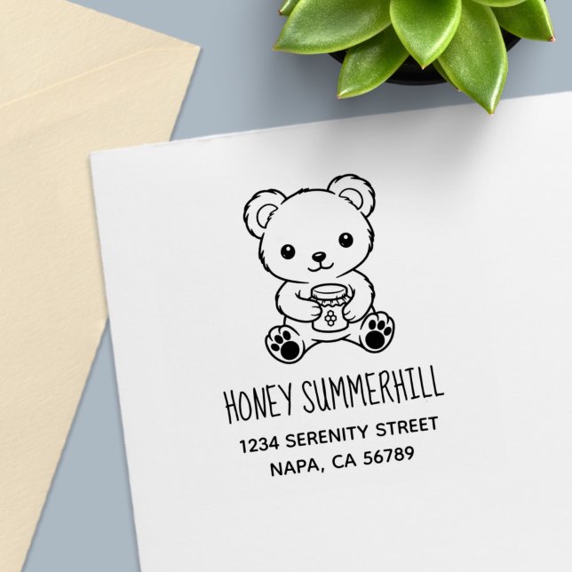 Cute Teddy Bear Holding a Honey Jar Address Self-inking Stamp (Creator Uploaded)