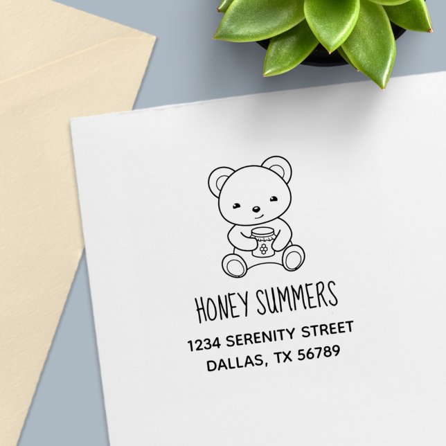 Cute Teddy Bear Holding a Honey Jar Address Self-inking Stamp (Creator Uploaded)