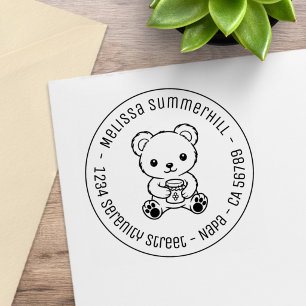 Cute Teddy Bear Holding a Honey Jar Round Address Rubber Stamp