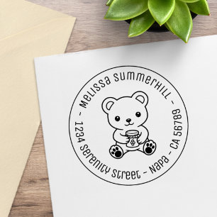 Cute Teddy Bear Holding a Honey Jar Round Address Rubber Stamp