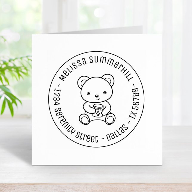 Cute Teddy Bear Holding a Honey Jar Round Address Rubber Stamp (Creator Uploaded)