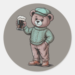 Cute Teddy Bear Holding Beer Classic Round Sticker