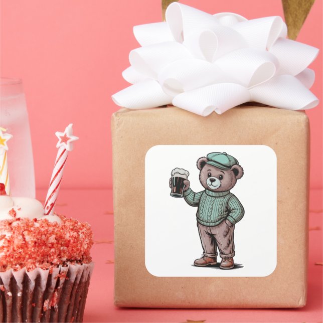 Cute Teddy Bear Holding Beer Square Sticker (Party)