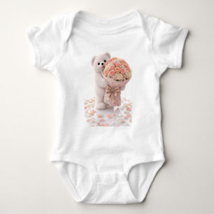 Cute Teddy Bear Holding Blush Peach Rose Bouquet  Baby Bodysuit