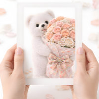 Cute Teddy Bear Holding Blush Peach Rose Bouquet