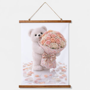 Cute Teddy Bear Holding Blush Peach Rose Bouquet  Hanging Tapestry