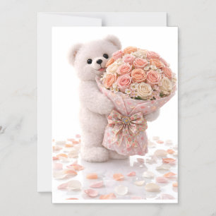 Cute Teddy Bear Holding Blush Peach Rose Bouquet Magnetic Invitation