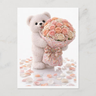 Cute Teddy Bear Holding Blush Peach Rose Bouquet Postcard
