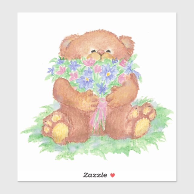 Cute Teddy Bear Holding Flowers Bouquet (Sheet)