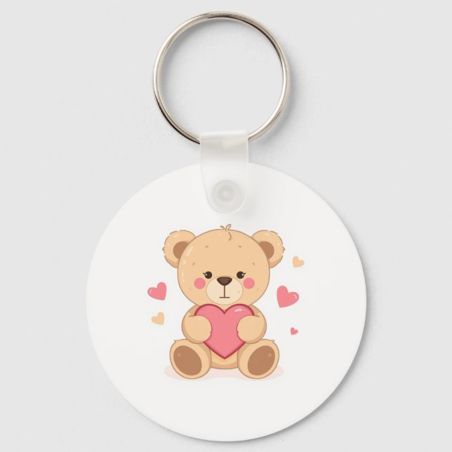 Cute Teddy Bear Holding Heart – Valentine Love Ill Key Ring (Front)