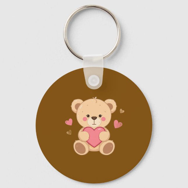 Cute Teddy Bear Holding Heart – Valentine Love Ill Key Ring (Front)