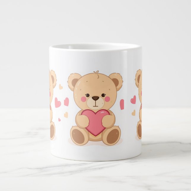 Cute Teddy Bear Holding Heart – Valentine Love Ill Large Coffee Mug (Front)