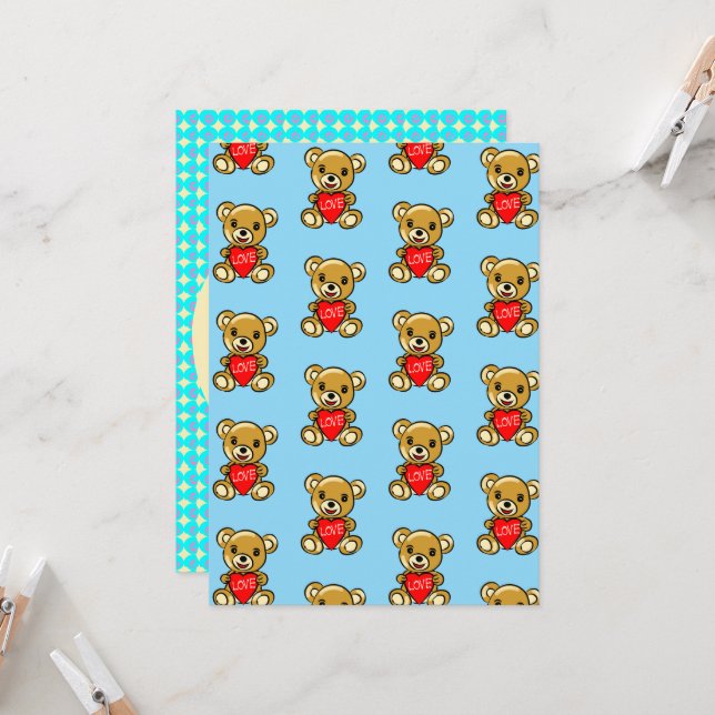 Cute Teddy Bear Holding Heart with Love – Adorable Card (Front/Back In Situ)