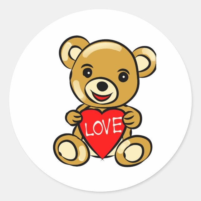 Cute Teddy Bear Holding Heart with Love – Adorable Classic Round Sticker (Front)