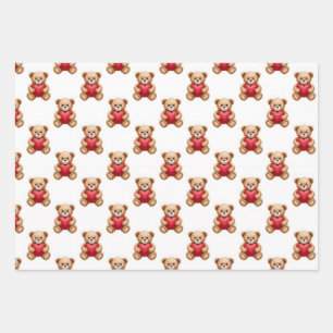 Cute teddy bear holding red hearts valentine wrapping paper sheet