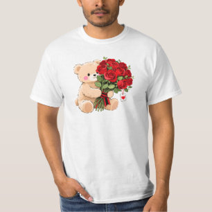 Cute Teddy Bear Holding Valentine Roses T-Shirt