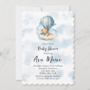 Cute Teddy Bear Hot Air Balloon Boy Baby Shower Invitation