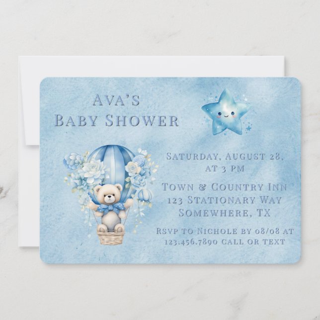 Cute Teddy Bear Hot Air Balloon Boy Baby Shower Invitation (Front)