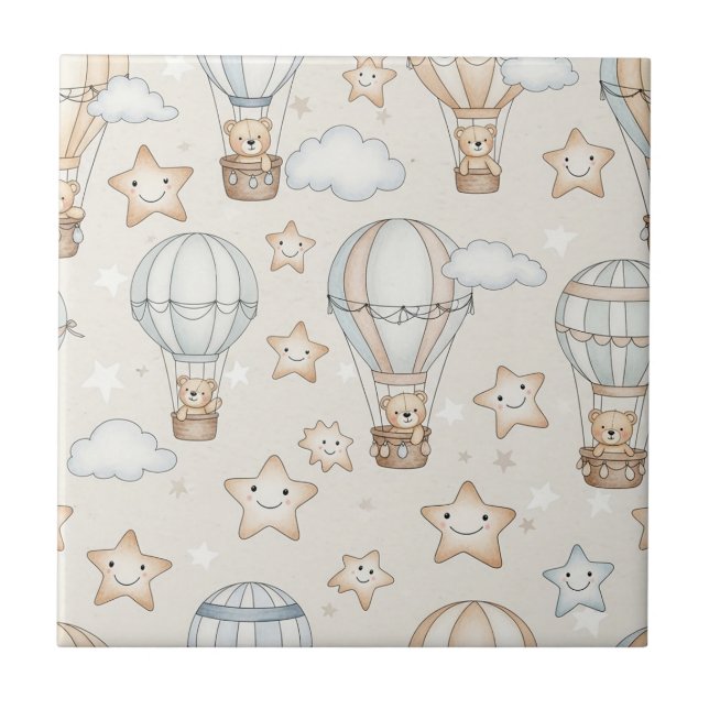 Cute Teddy Bear Hot Air Balloon Neutral Pattern 1 Ceramic Tile (Front)
