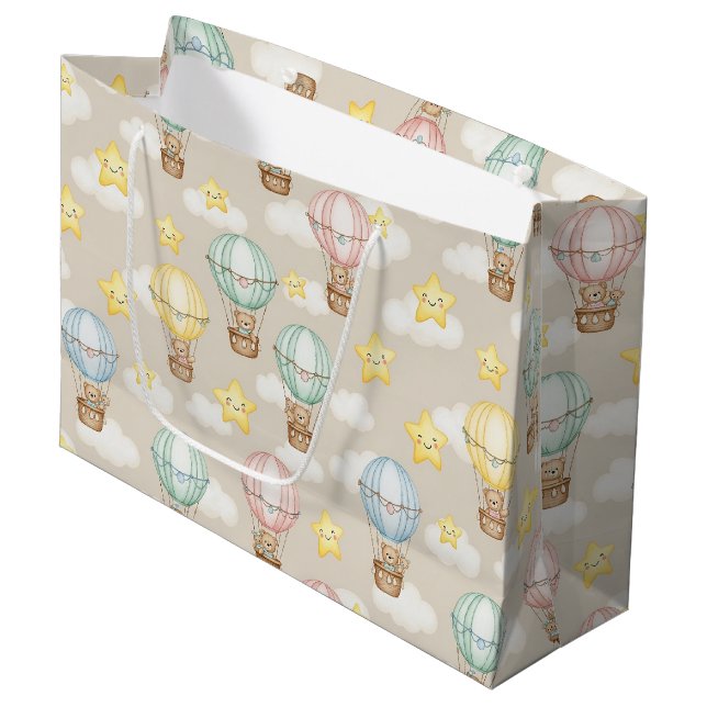Cute Teddy Bear Hot Air Balloon Neutral Pattern 1 Large Gift Bag (Front Angled)
